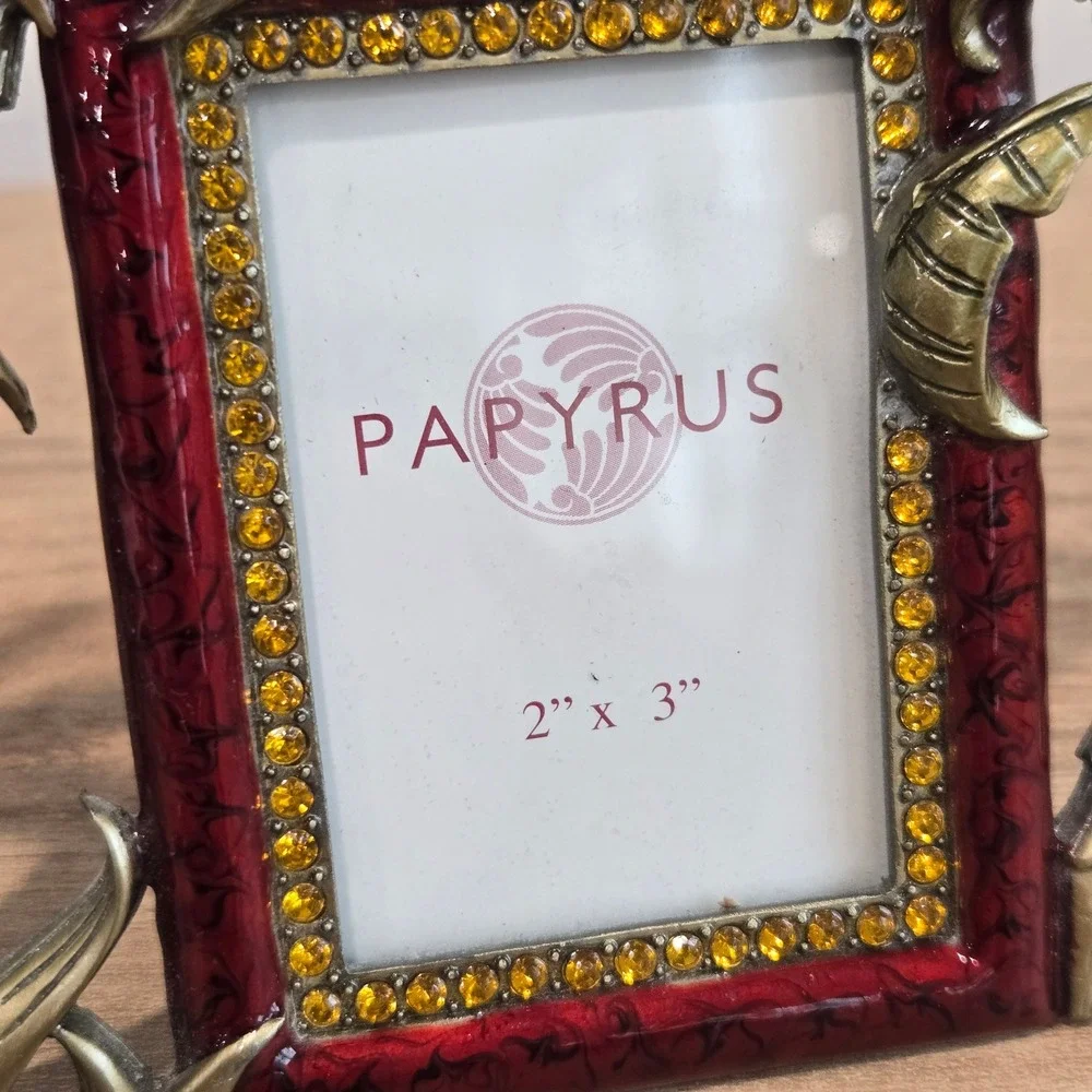 Papyrus Tropical Palm Tree‎ Picture Frame Red Enamel Gold Metal Rhinestone 2x3